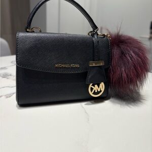 Michael Kors Black Mini Top-Handle Satchel with Burgundy Pom Charm